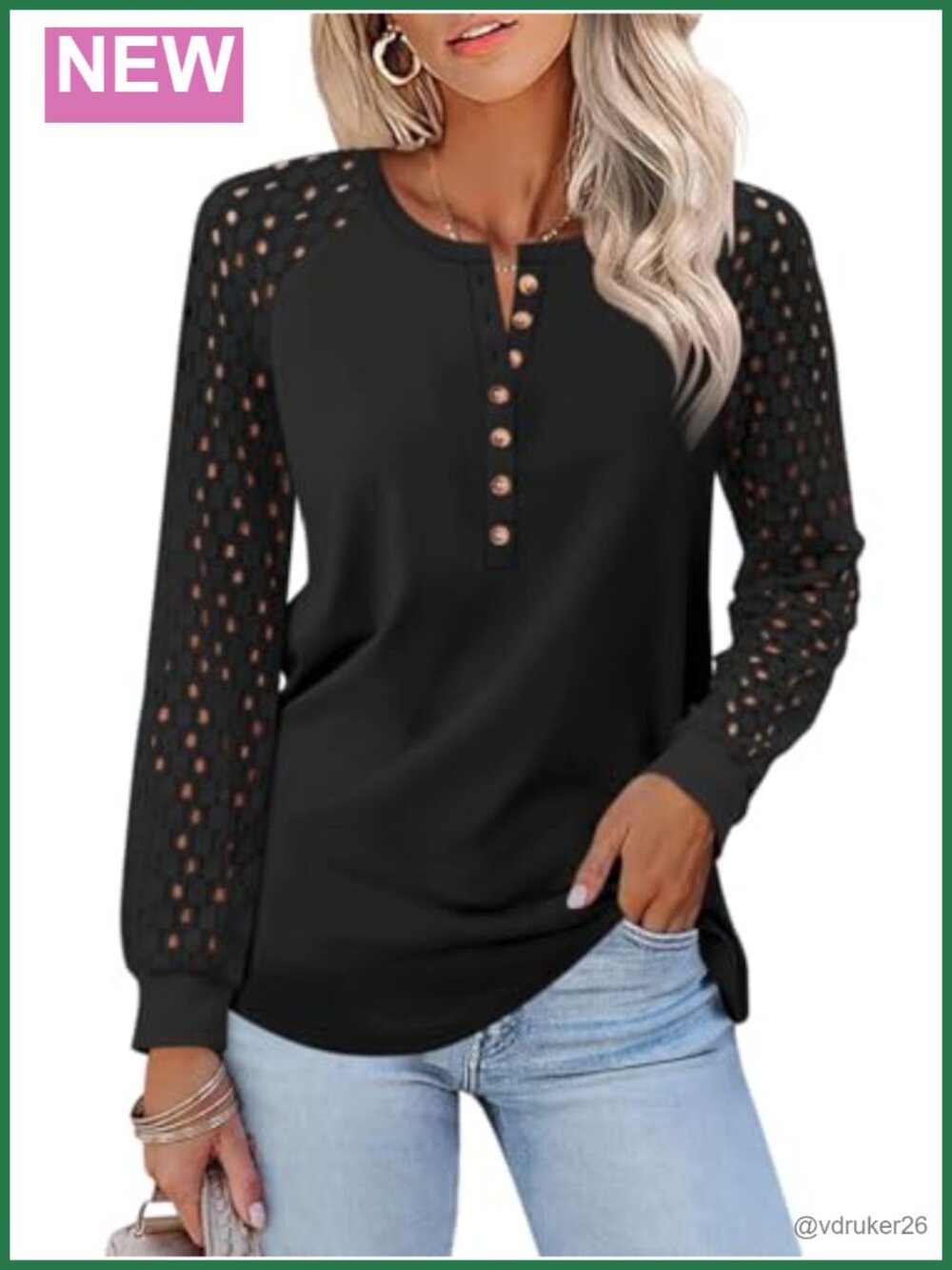 Lace Long Sleeve Henley Blouse Button Down Casual Work Top